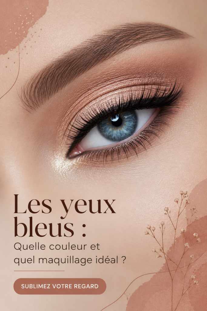 Maquillage mettant en valeur des yeux bleus avec des nuances dorées et brunes.