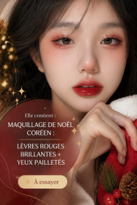 Un look de maquillage coréen pour Noël avec des lèvres rouges et des yeux scintillants.