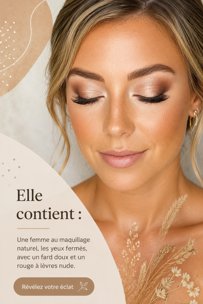 Femme avec un maquillage nu et naturel, mettant en valeur des yeux doux et des lèvres nude.