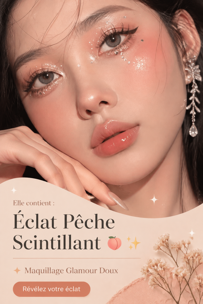 Un maquillage soft glam mettant en avant le Peach Sparkle Eye sur une modèle.