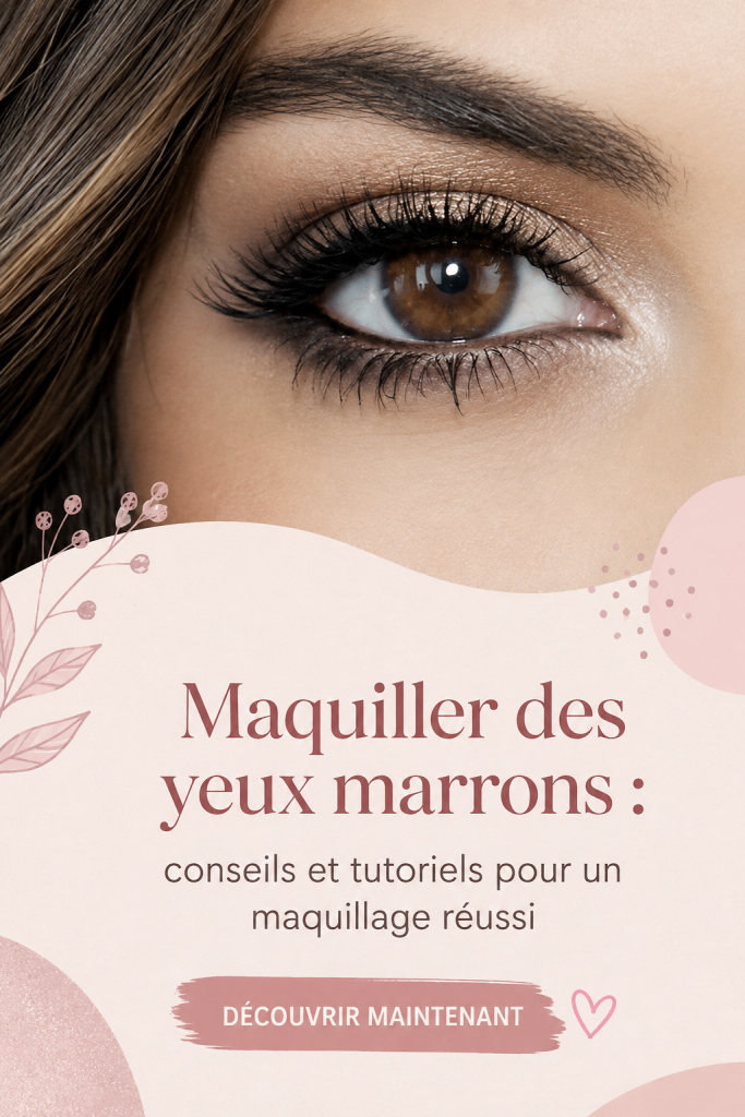 Maquillage sophistiqué mettant en valeur des yeux marron, avec des nuances de bronze et d'or.