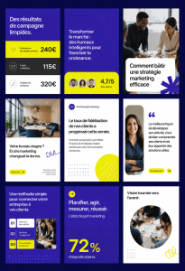 Une vue d'écran illustrant des modèles de posts Marka sur différents réseaux sociaux.