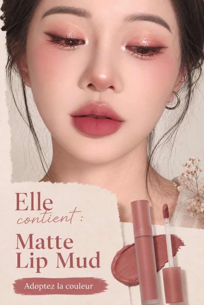 Un tube de Matte Lip Mud avec des lèvres maquillées en arrière-plan.
