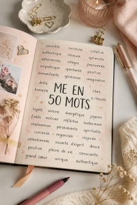 Un carnet et un stylo, prêt pour écrire un portrait en 50 mots.