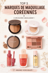 Un assortiment de produits de maquillage coréen, incluant rouges à lèvres et fonds de teint, sur un fond lumineux.