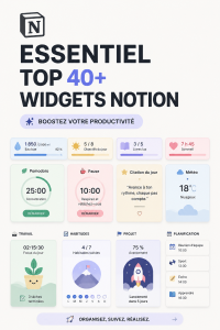 Affichage de différents widgets Notion personnalisés sur un écran d'ordinateur.