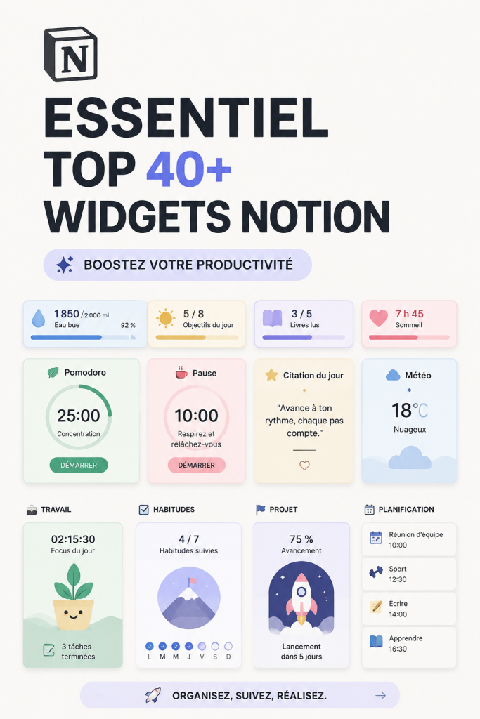 Affichage de différents widgets Notion personnalisés sur un écran d'ordinateur.