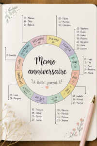 Un bullet journal ouvert avec des illustrations pour anniversaires et d'autres événements