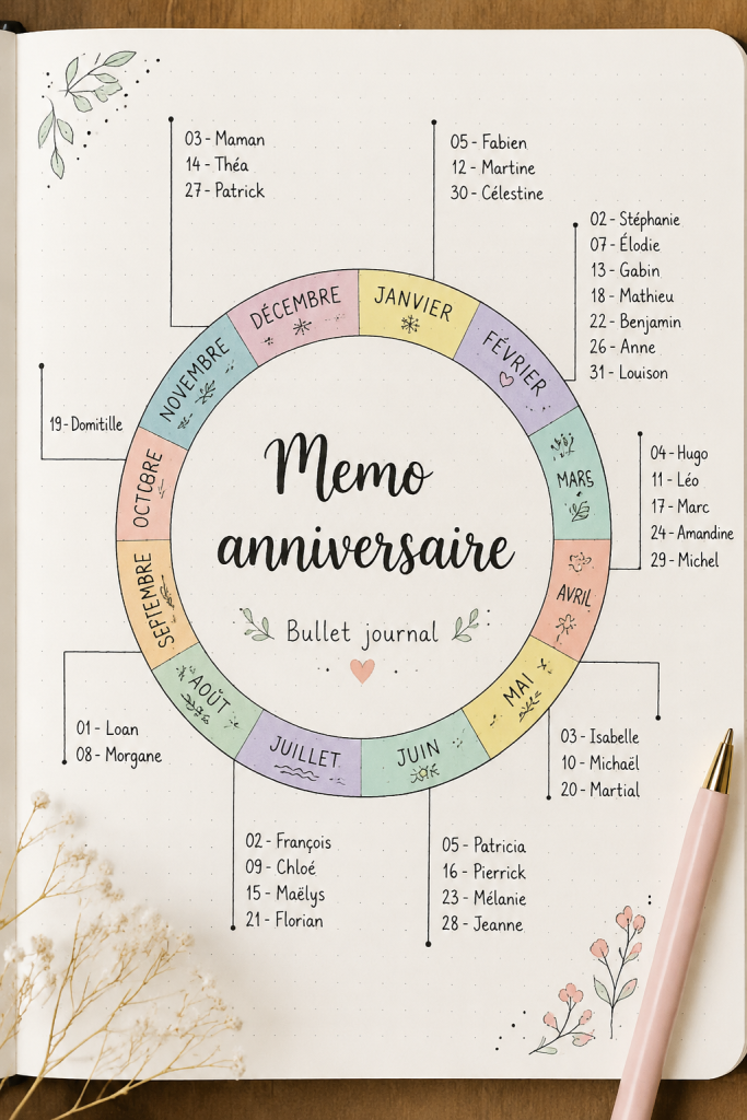 Un bullet journal ouvert avec des illustrations pour anniversaires et d'autres événements