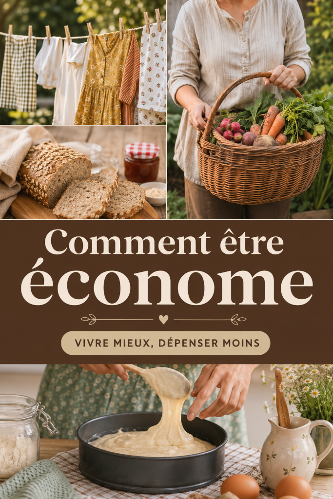 Une femme heureuse dans sa cuisine, organisant des objets pour un mode de vie frugal.