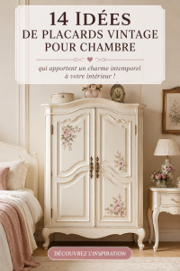 Armoire vintage en bois dans une chambre chaleureuse avec des décorations délicates
