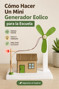 Image d'un mini générateur éolien fabriqué à l'école avec des élèves en train de l'observer