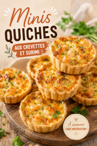 Mini quiches aux crevettes et surimi garnies prêtes à être dégustées