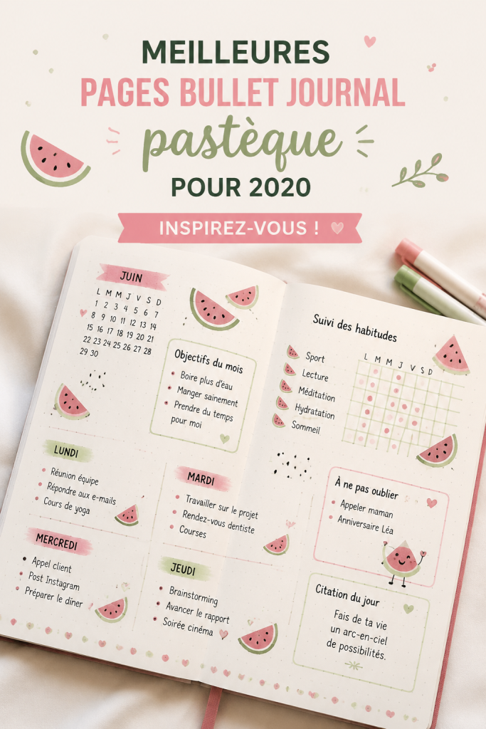 Mises en page colorées de bullet journal avec motif de pastèque.