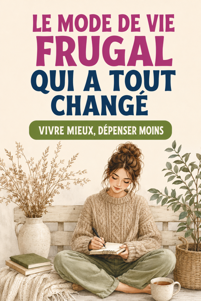 Une femme souriante appréciant une table frugale avec des mets simples et sains, représentant un mode de vie frugal.