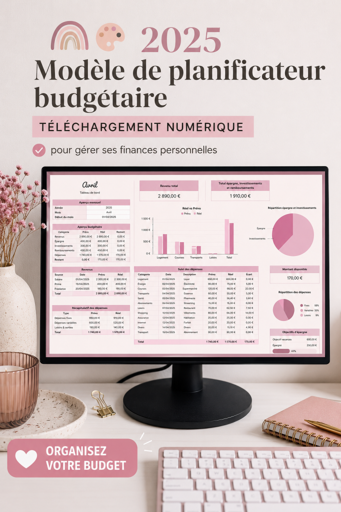 Un modèle de planificateur de budget 2025 avec des graphiques et des sections à remplir. Idéal pour organiser ses finances personnelles.