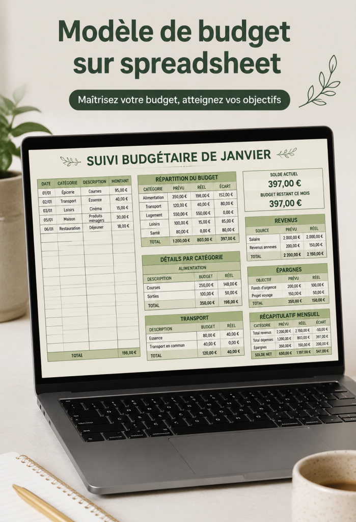Modèle de budget sur un écran d'ordinateur affichant des tableaux Excel