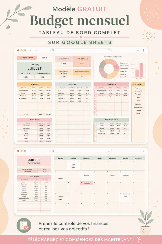 Modèle de budget mensuel sur Google Sheets affiché sur un ordinateur.