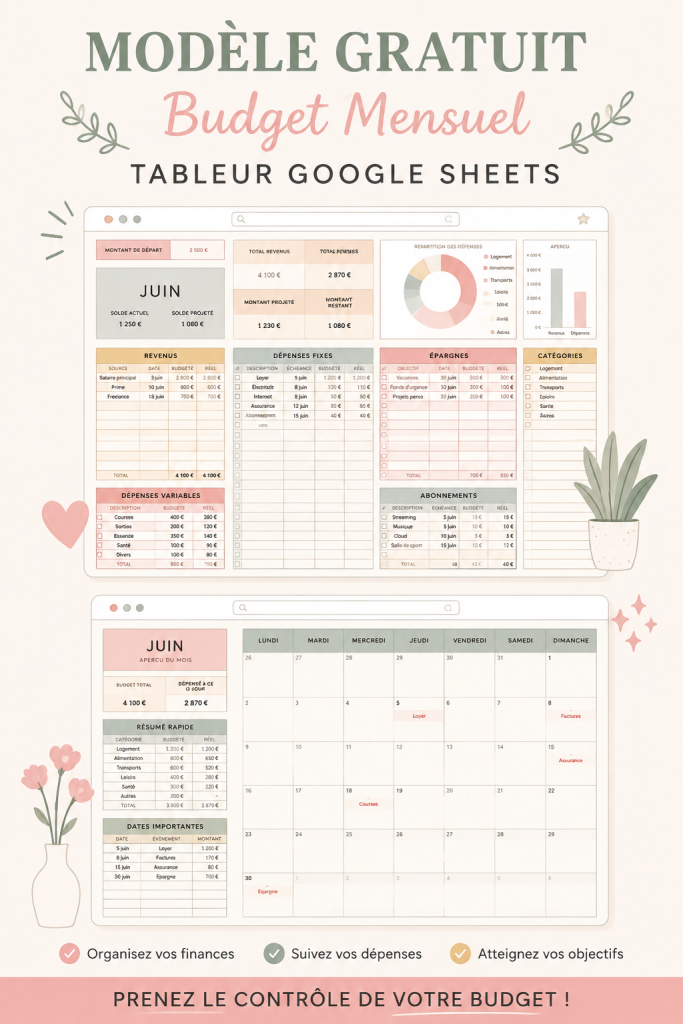 Modèle de budget mensuel gratuit sur Google Sheets pour les finances personnelles.