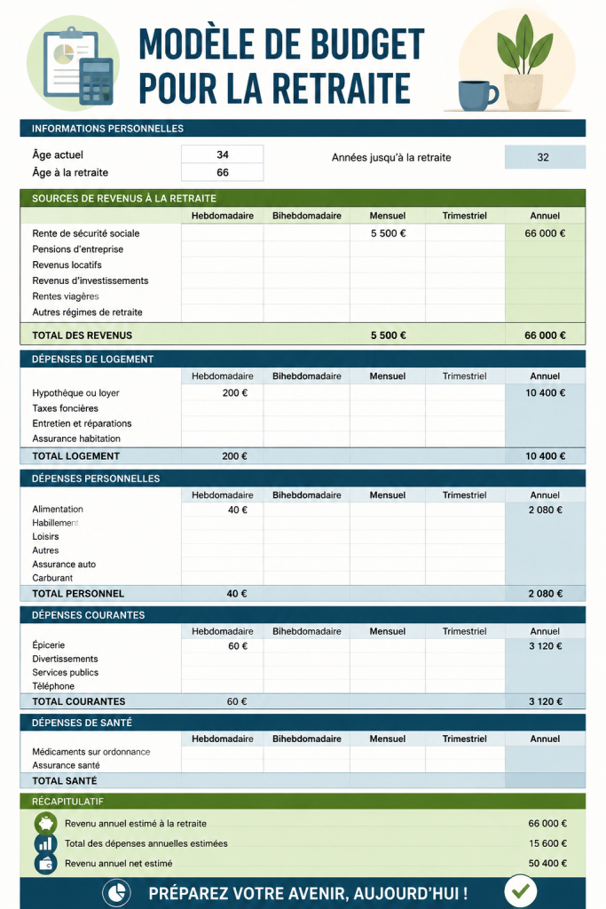 Modèle de budget de retraite sur Excel avec des graphiques financiers