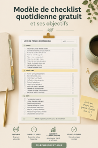Modèle gratuit de checklist quotidienne sur fond pastel, offrant un cadre pratique pour s'organiser.