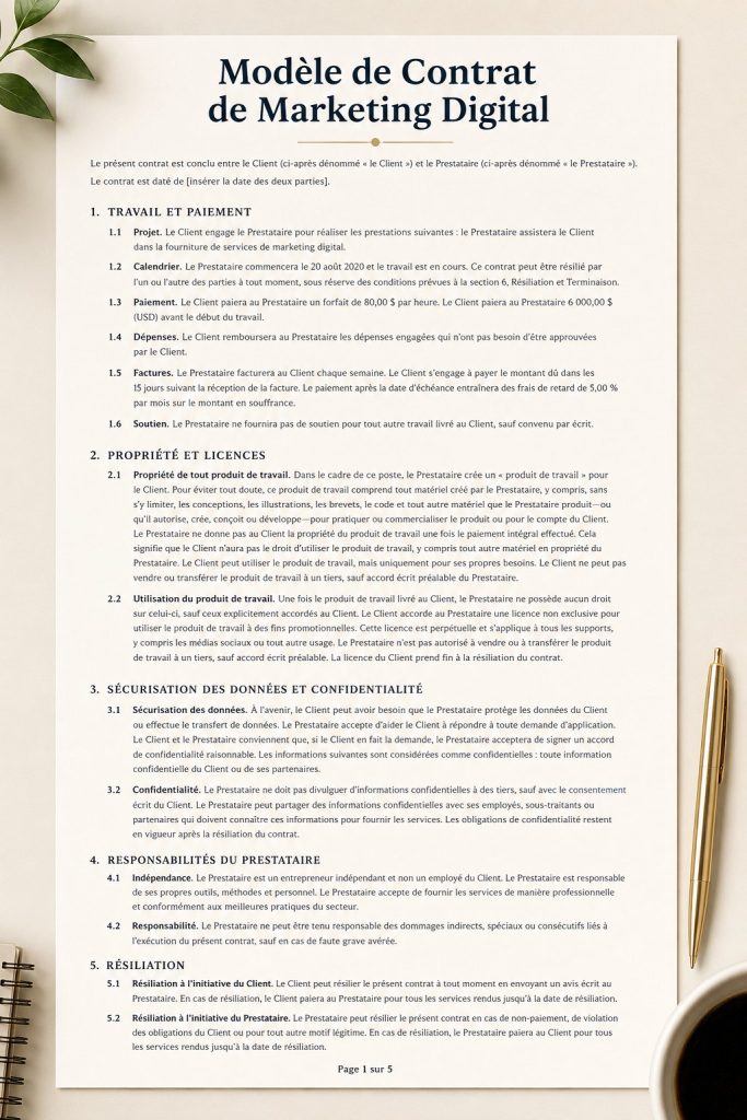 Modèle personnalisable de contrat de marketing digital sur table