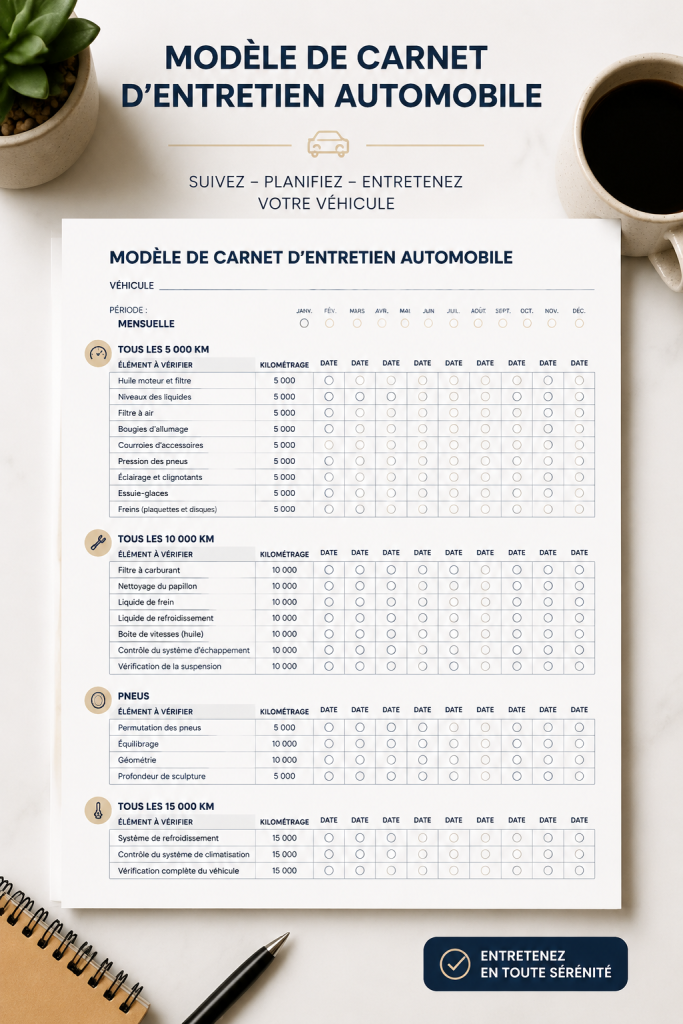 Modèle Excel pour le suivi d'entretien automobile, avec graphiques et tableaux.