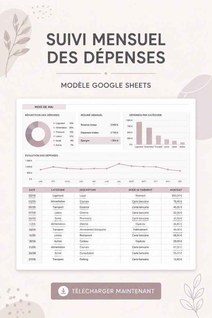 Modèle de suivi des dépenses mensuelles sur Google Sheets affiché sur un écran d'ordinateur.