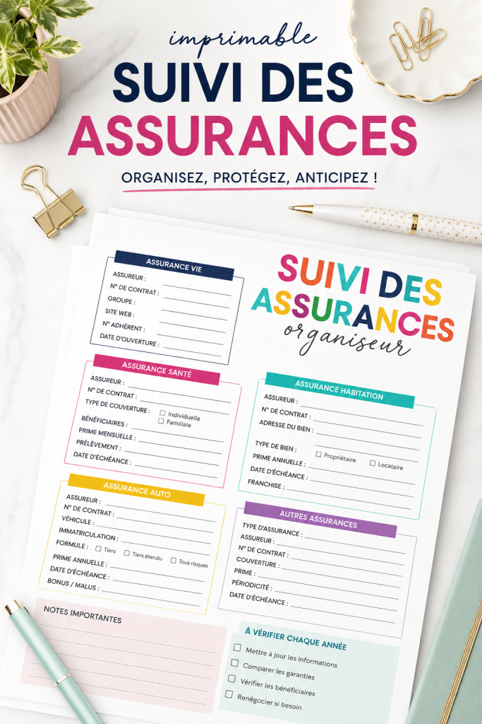 Modèle imprimable pour suivre les contrats d'assurance sur un bureau
