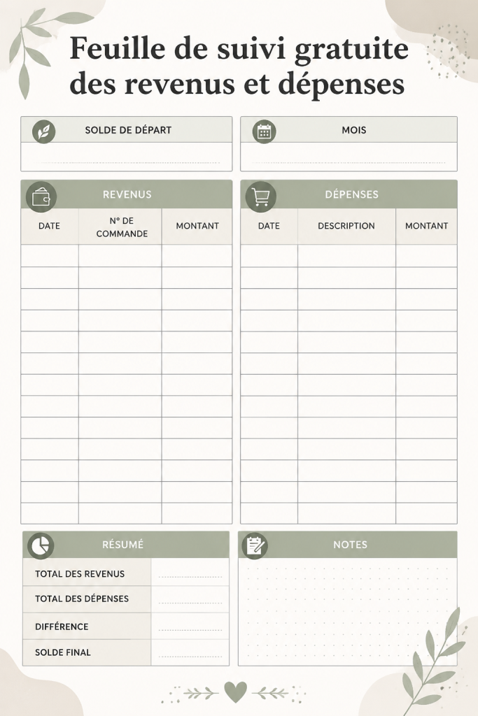 Tableau pratique pour suivre les revenus et dépenses personnelles.