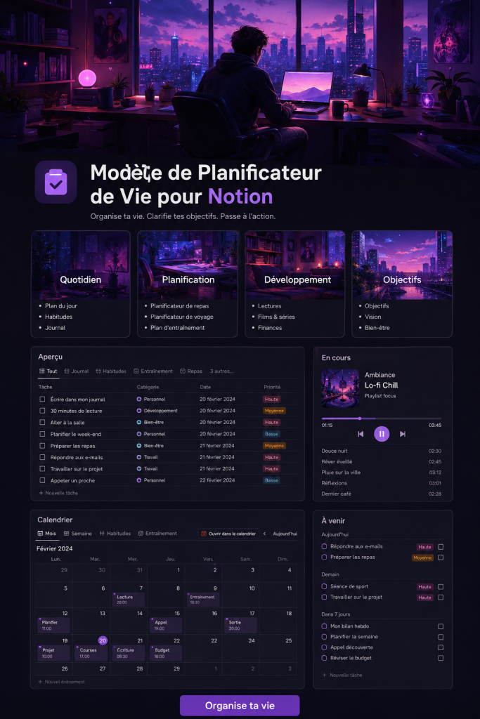 Capture d'écran d'un modèle Notion pour la planification de la vie, montrant une interface conviviale et organisée.