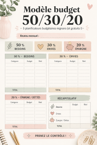 Modèle de budget 50/30/20 avec des sections pour les dépenses et l'épargne.