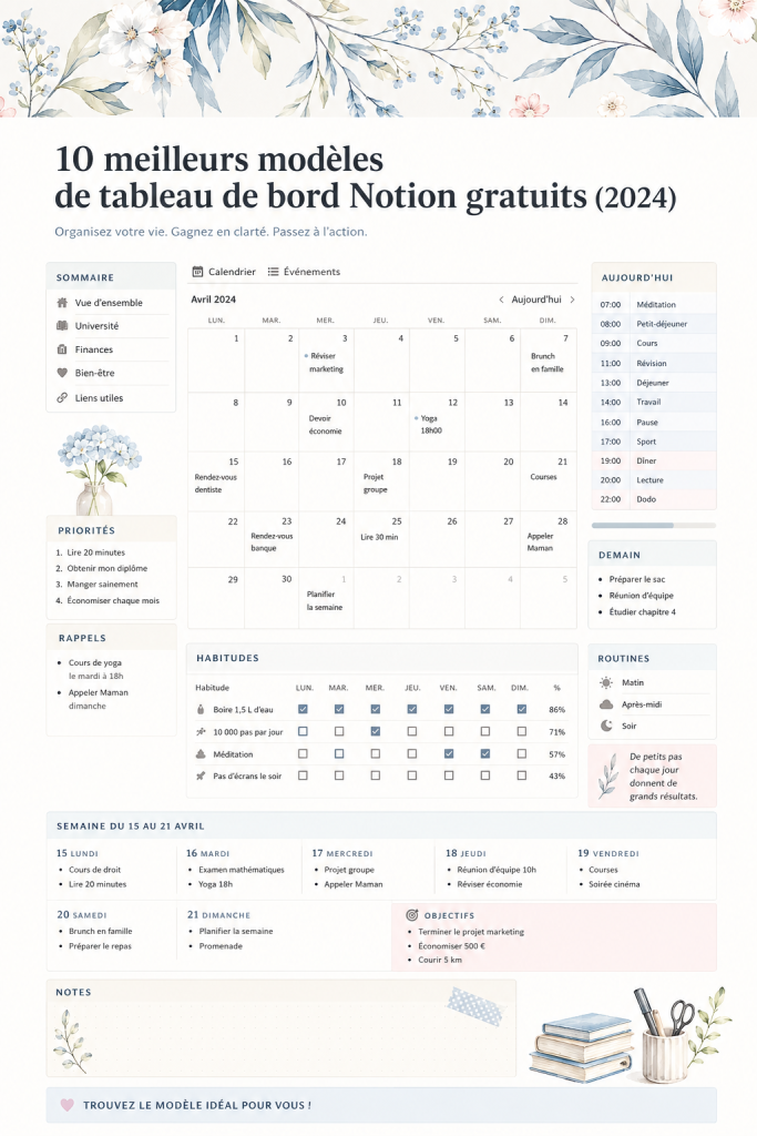 Un ordinateur portable affichant des modèles de dashboard Notion gratuits sur l'écran, avec des notes et un café à côté.