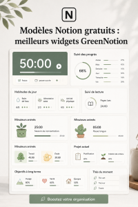 Capture d'écran d'un modèle Notion avec des widgets GreenNotion colorés et pratiques.