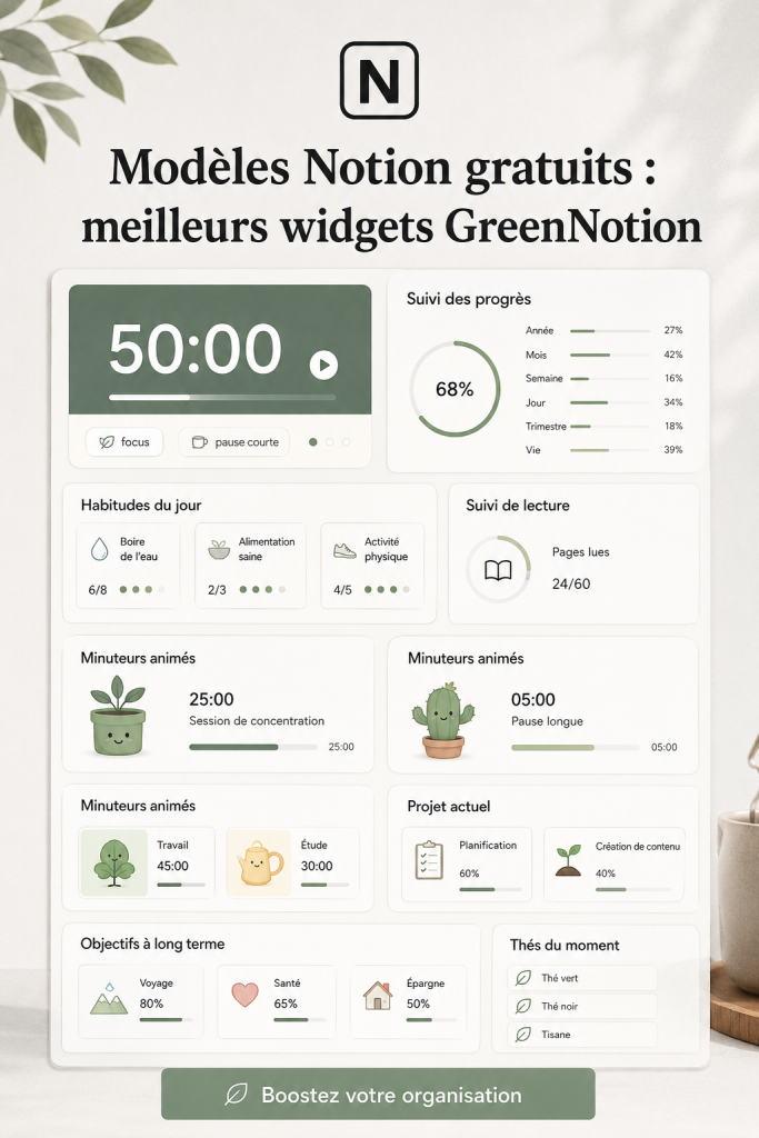 Capture d'écran d'un modèle Notion avec des widgets GreenNotion colorés et pratiques.