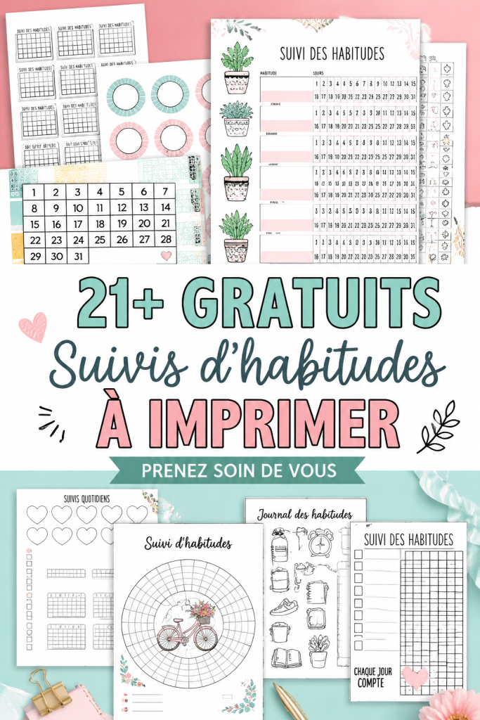 Modèles variés de traceurs d'habitudes à imprimer, image illustrant une organisation quotidienne.