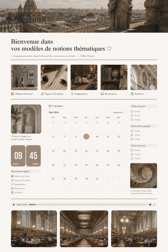 Modèles Notion esthétiques variés, offrant un aperçu de différentes mises en page et designs pour optimiser votre espace de travail.