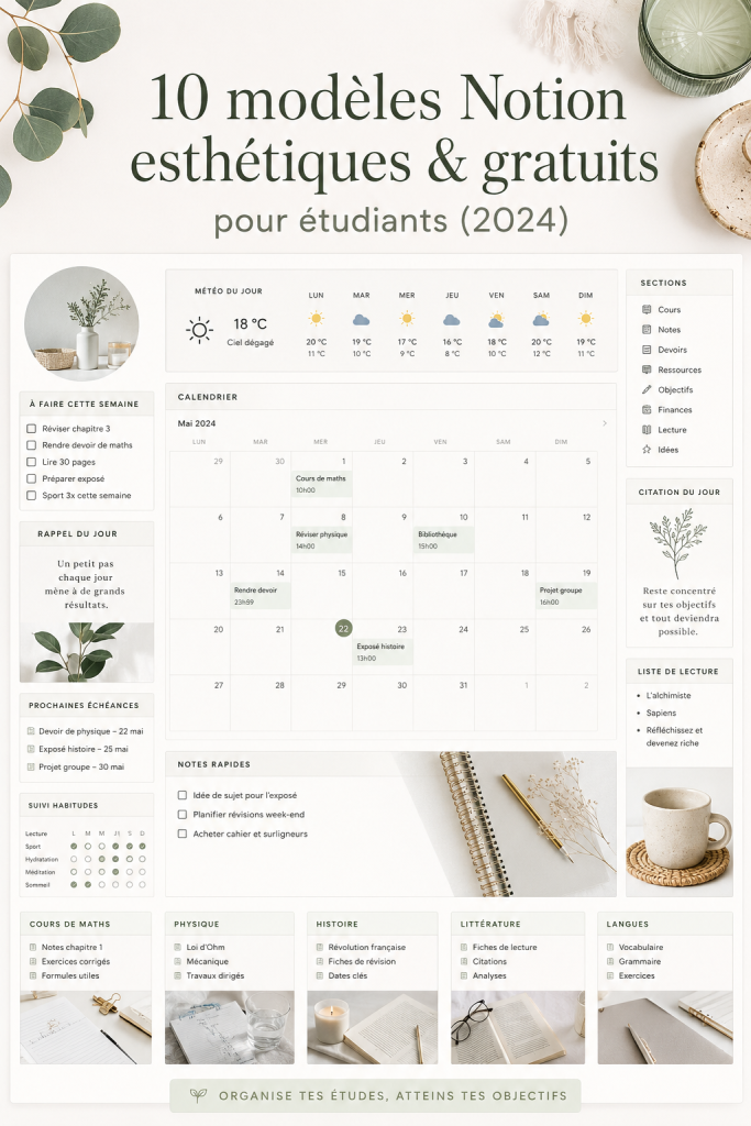 Capture d'écran de modèles Notion esthétiques pour étudiants, affichant une interface intuitive et colorée.