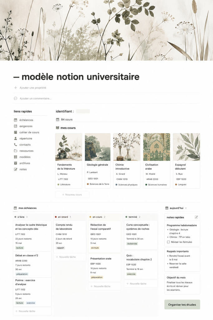 Un aperçu de modèles Notion affichés à l'écran, montrant une interface claire et organisée.
