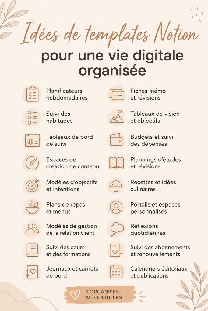 Capture d'écran d'un modèle Notion pour une organisation simple et efficace.
