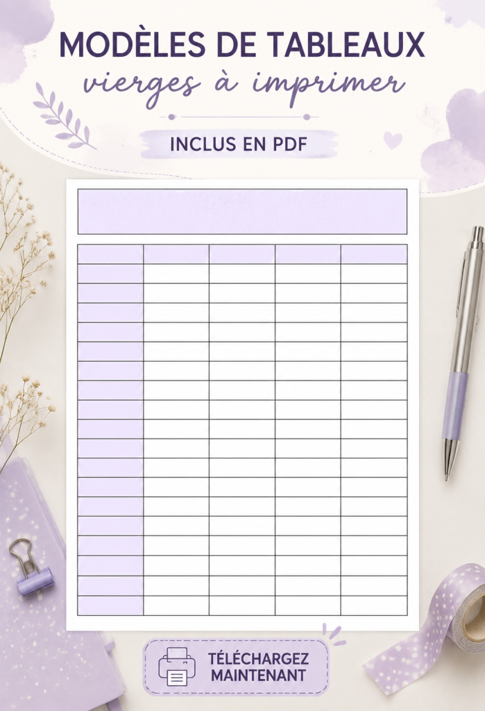 Modèles variés de tableaux vierges à imprimer, idéals pour l'organisation personnelle.