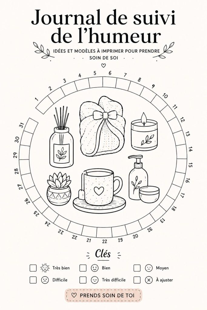 Exemple d'un mood tracker à imprimer pour suivre les humeurs et le bien-être.