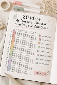 Un mood tracker minimaliste dans un bullet journal, avec des couleurs douces et des icônes simples.