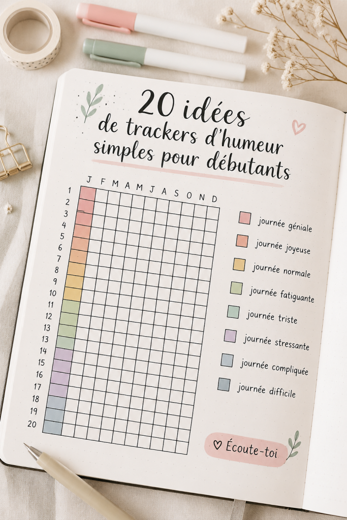Un mood tracker minimaliste dans un bullet journal, avec des couleurs douces et des icônes simples.