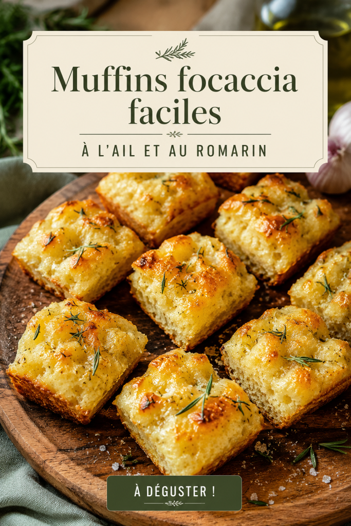 Muffins focaccia à l'ail et romarin sortant tout juste du four, dorés et aromatiques.