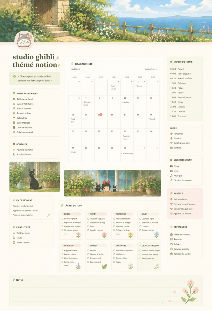 Un exemple de mise en page Notion inspirée par Studio Ghibli, avec des couleurs pastel douces et des illustrations.