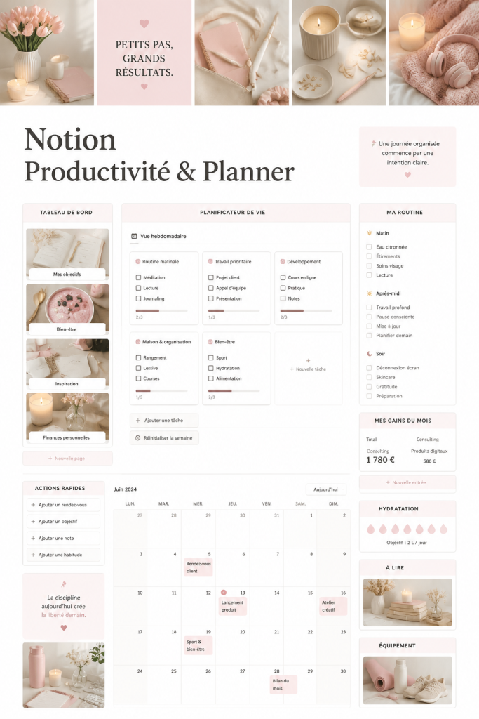 Capture d'écran d'un tableau Notion bien organisé représentant un espace de travail productif.