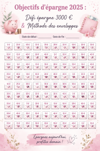 Une femme souriante planifie son budget d'épargne pour 2025 avec un cahier et des enveloppes colorées.