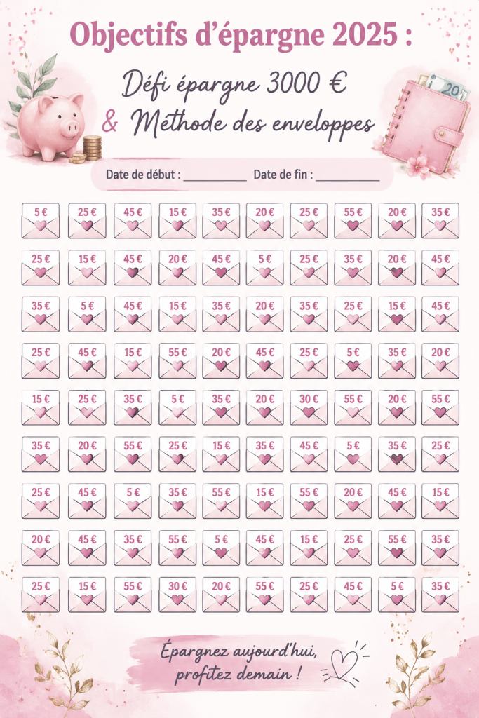 Une femme souriante planifie son budget d'épargne pour 2025 avec un cahier et des enveloppes colorées.