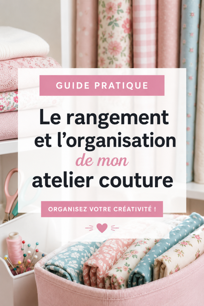 Un atelier de couture lumineux et bien organisé avec des rangements pratiques.